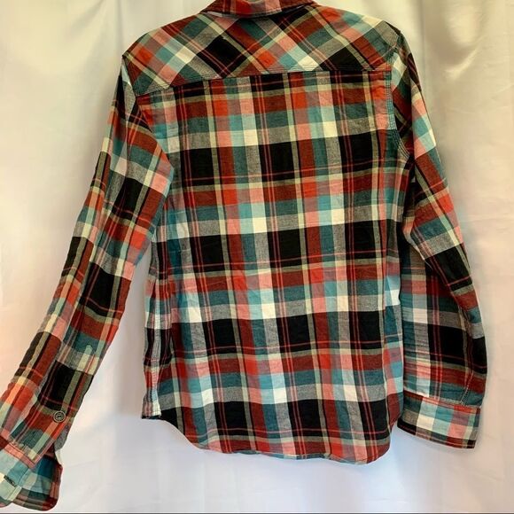 TRUE Religion red teal plaid check flannel fleece button down shirt size 8 - Picture 2 of 9